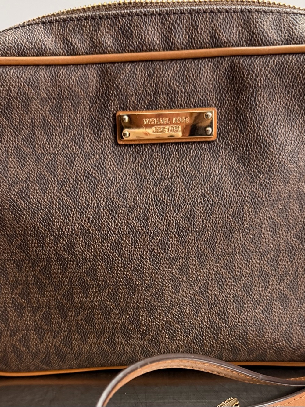 Michael Kors Brown Logo-Print Shoulder Bag with Tan Trim
